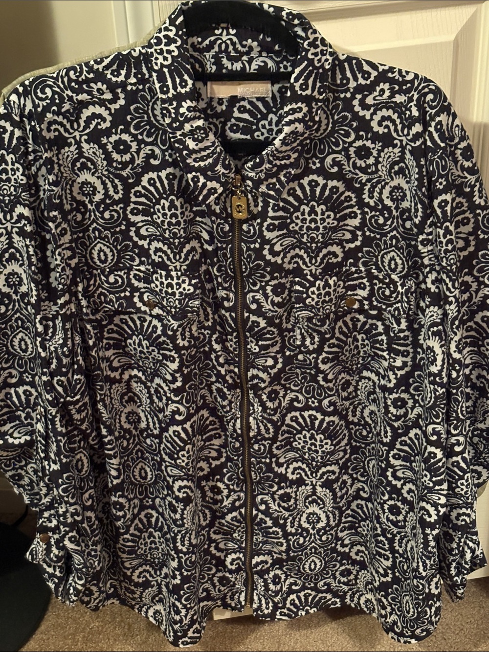 Michael Kors Navy & White Print Zip-Front Blouse
